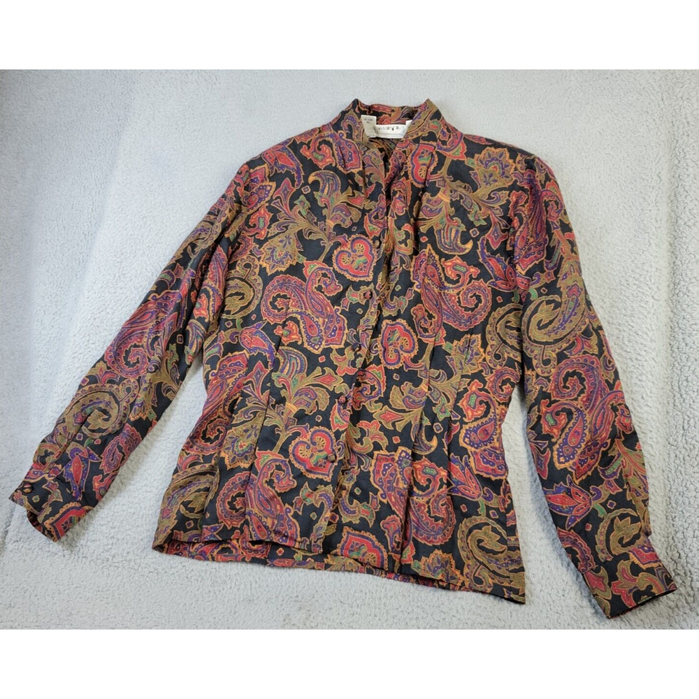 Vintage Anne Klein Paisley Button Front Blouse Women's Size 10 Pleated Black Red